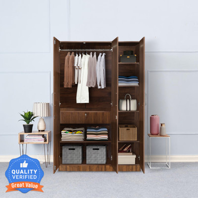 Wakefit Gingham Engineered Wood 3 Door Wardrobe(Finish Color - Columbian Walnut with Drawer, Knock Down)