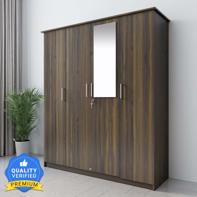 Flipkart Perfect Homes Julian Engineered Wood 4 Door Wardrobe(Finish Color - Almond Walnut, Mirror Included, Knock Down)