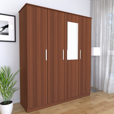 Flipkart Perfect Homes Engineered Wood 4 Door Wardrobe(Finish Color - MELAMINE ALMOND WALNUT, Mirror Included, Knock Down)