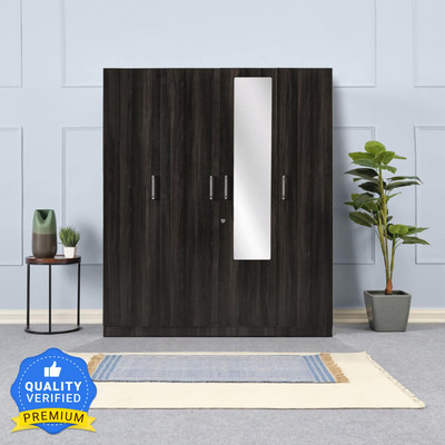 Wakefit Gingham Engineered Wood 4 Door Wardrobe(Finish Color - Dark Brown, Mirror Included, Knock Down)