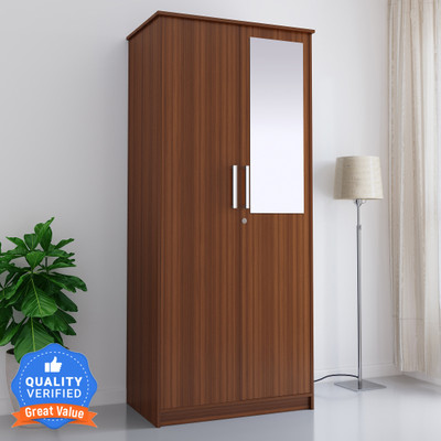Flipkart Perfect Homes Julian Engineered Wood 2 Door Wardrobe(Finish Color - Melamine Walnut, Mirror Included, Knock Down)