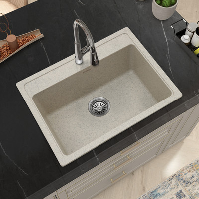 Plantex Quartz Sink for Kitchen/UV Protected Kitchen Sink/Granite Single Bowl Sink (APS-3400-24x18,GREY) Top Mount(Mosaic Grey)