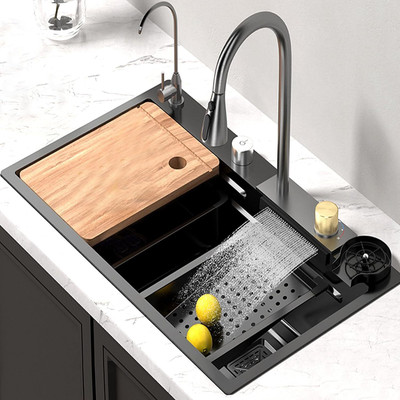 clayplus Kitchen Sink with Waterfall and Pull-down Faucet/304 Grade Stainless Steel Sink Multifunctional Waterfall Kitchen Sink 304 GRADE All in One 30x18 inch Vessel Sink(Diamond Black)