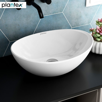 Plantex Wash Basin/Basin for Bathroom/Tabletop Wash Basin Platinium Ceramic Tabletop Oval Wash Basin/Countertop Sink (14.5x13.5x7 Inch) Table Top Basin(White)