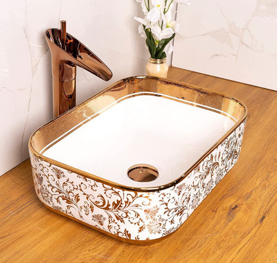 BASSINO BTT-1267 Art Wash Basin Countertop, Tabletop Ceramic Bathroom Sink/Basin (WHITE & GOLD) (400X300X140 MM) Table Top Basin(White, Gold)