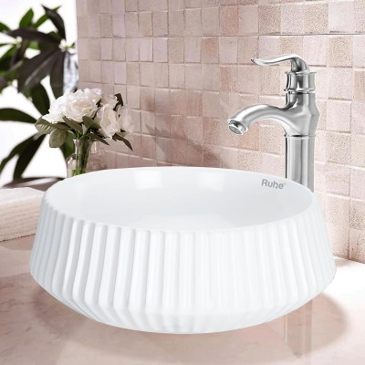 RUHE Luxurious White Glaze Castor Premium Ceramic Table Top Wash Basin 16 x 16 x 6 Inches Over Counter Basin For Bathroom and Kitchen Counter Top(White)