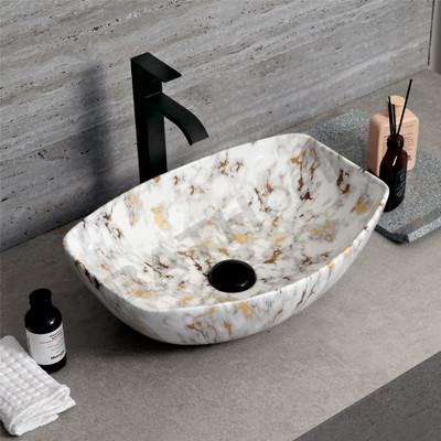 BATHBELLA Luxury Wash Basin Counter top Basin (18x13x5 inch) 1608 marble Table Top Basin(White Gold)