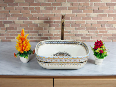 Warrix WARRIX LUXURIOUS CERAMIC WASH BASIN|TABLE TOP|DESIGN WASH BASIN|18 x 13 x 5 INCH Counter Top 18 x 13 x 5 INCH 4 Counter Top(WHITE)