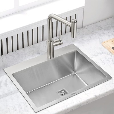 RUHE 304 Stainless Steel Handmade Single Bowl 18x16x10 Kitchen Sink With Tap Hole Brushed Matte Finish | Included Strainer-Basket/Sink Coupling/Waste Pipe Under Counter Basin(Silver)