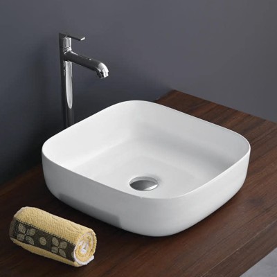 kemjo Ceramic White Table Top Wash Basin | 15.5 x 15.5 x 4.9 Inch | METRO Table Top Basin(White)