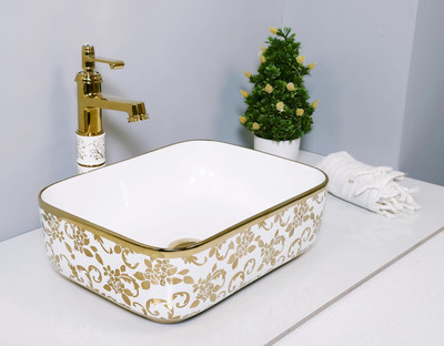 Seikoware Ceramic Tabletop Wash Basin -Gold Living Room, Dining Area & Hotel | Premium Counter Washbasin | 16x13x5 Inch Counter Top(Gold)