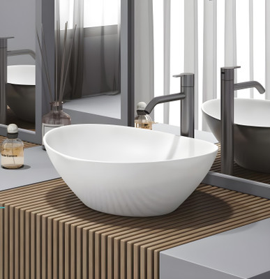 Eden Bathware Resina Counter Top (16*14*7 inch)/ (41*35*18 cm)/ Scratch Proof/ Anti Bacterial with Coupling & WastePipe Ceramic Table Top Basin(Super White-High Glossy)