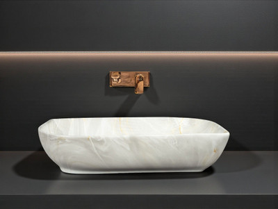 Clayramic Premium Designer Ceramic Wash basin(M-Pan-1070-Matt) (22x16x5.5)(M-Pan-1070-Matt) Table Top Basin(White & Ivory Marble Figure)