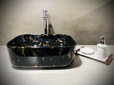 DELTA Premium Designer Ceramic Wash Basin(M24) with Waste Pipe & Coupling set (16x12x6)(M24) Table Top Basin(Black)