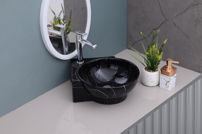 HISRE Small Corner Ceramic Wash Basin for Bathroom | Wall Mounted Sink(16x 13x 5 Inch) G3907 Wall Hung Basin(Black)