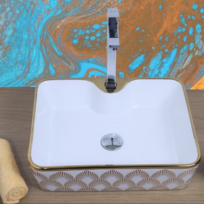 MAHISRE Ceramic Bathroom Kitchen Sink Over Counter Basin (G1001), 19 x 14 x 5 Table Top Basin(White & Golden)