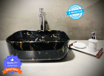 ALPHA Premium Designer Ceramic Wash Basin with Waste Pipe & Coupling set (16x12x6)(M24) Table Top Basin(Black)