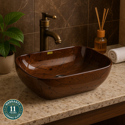 CARA MARK Modern Countertop Basin | Stylish Glossy Finish | Easy to Clean | Ceramic Table Top Wash Basin for Bathroom Table Top Basin(BROWN AND BLACK FIGURE SCRETCH PROOF CHEMICALS RESISTANCE)