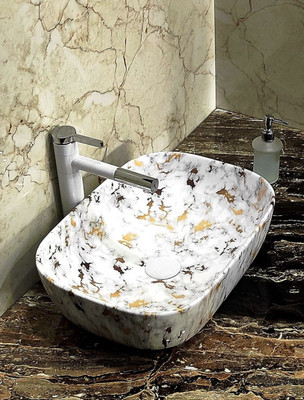 ALPHA Premium Designer Ceramic Wash Basin(M01) with Waste Pipe & Coupling Set (18*13*5)(M01) Table Top Basin(White)