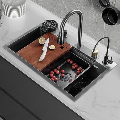 MELTCAST Kitchen Sink 304 Grade Stainless Steel Single Bowl (30x18x9 Inches) Kitchen Sink With Waterfall Faucet/Abs Soap Dispenser/Cup Washer /2-Drain Basket Counter Top(Black)