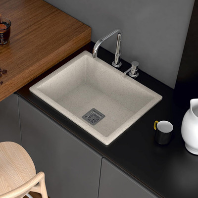 HARDSTONE Quartz Kitchen Sink (18 x 21 x 8.5 In, 10mm Thickness) Mett Finish Single Bowl Sink with Waste Coupling & PVC Pipe – Smooth Finish Top Mount(Mars Ivory)