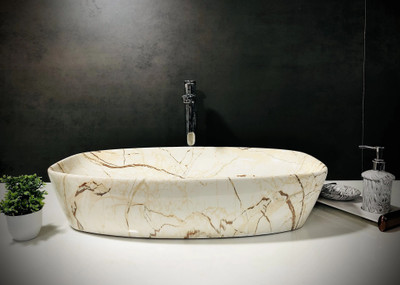 DELTA Big Size Premium Designer Ivory Marble Glossy Finish Ceramic Wash Basin(09) (24*15*5)(M09) Table Top Basin(White)