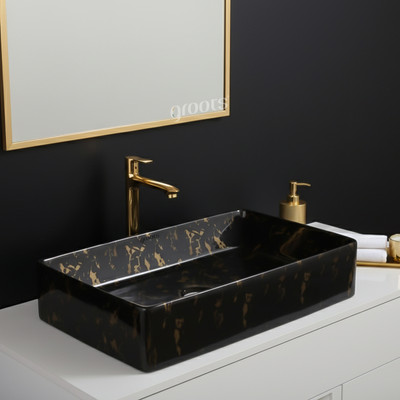 Groots Groots Designer Table Top Wash Basin 24x14x5 Inch – Elegant Black & Gold GI-4030 GI-4030 Table Top Basin(black)