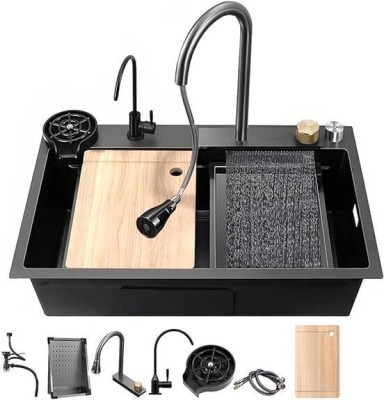 WiNGRESS Stainless Steel 24x18x9 Kitchen Sink with ANTI SCRATCH Integrated Waterfall and Pull-down Faucet Set / Sink with Cup washer and Drain Baskets Vessel Sink(Black)