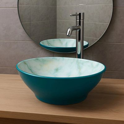 MOONLAKE Glossy Finish Table Top Vessel Sink Oval Shape Wash Basin For Bathroom (18 x 13 x 5.5 Inch) Counter Top(Cyan Glossy)