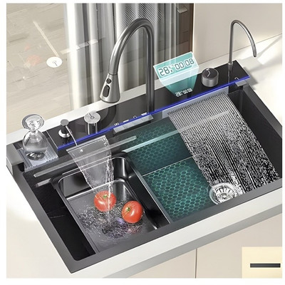 clayplus 30x18x9 5-Piano Switch 2 Waterfall & 1 Pull-down Faucet With LED Display Vessel Sink(MATTE BLACK)