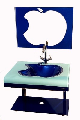 Vision glass OV_061 Glass Wash Basin With Mirror, Self & Steel Stand (24''x21'') Wall Hung Basin(Blue)