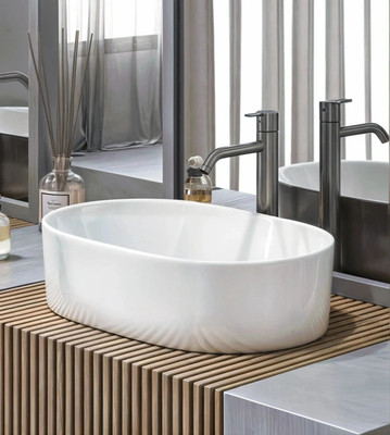 Eden Bathware Prague Counter Top (19x13x6 inch)/ (49x32x14 cm)/ Scratch Proof/ Anti Bacterial with Coupling & WastePipe Ceramic Table Top Basin(Super White - High Glossy)