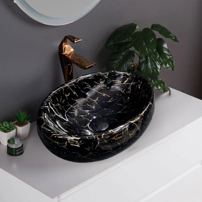 DELTA Premium Designer Ceramic (M.27) Wash Basin with Waste Pipe & Coupling Set (16*12*5)(M27) Table Top Basin(Black)