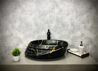 DELTA Premium Designer Ceramic Wash Basin(M.53 Matt) Premium Designer Ceramic Wash Basin(M53 Matt) with Waste Pipe & Coupling set Table Top Basin(Black, Gold)