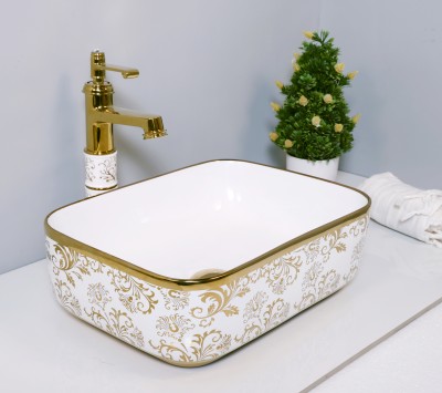 LUXART Bathroom Wash Basin over counter top golden Luxury Premium Golden Table Top Wash basin Counter Top(WHITE_GOLD)