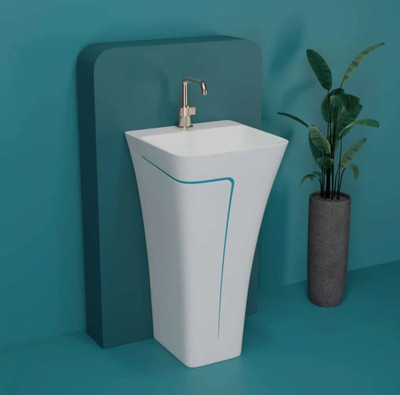 Solano Premium Quality (FB :03 )Designer Ceramic Shining White One Piece Wash Basin With SKY BlueFinishing Line One Piece Pedestal Basin(White & SKY Blue)