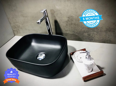 ALPHA Table Top Premium Designer Ceramic Wash Basin(Black Matt) (16*12*5)(Black Matt) Table Top Basin(Black)
