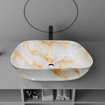 Krunit Wash Basin Tabletop Sink for Bathroom Living room, Hotel, Restaurant (46*32.5*14) cm (super glossy finish) premium designer wash basin Table Top Basin(White & Golden Raise)