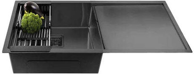 InArt Single Bowl Kitchen Sink with Drainboard Matt Finish with Coupling SS 304 Handmade Kitchen Sink Size :- 37'' x 18'' x 9'' Inch Top Mount(Black)
