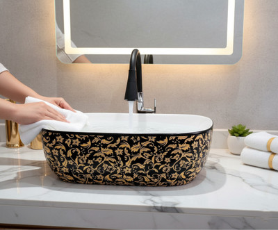 HISRE Luxury Ceramic Designer Over Countertop| Premium Table Top with Golden Art Bathroom Basin BLACK & GOLD colorful table top wash basin Table Top Basin(BLACK)