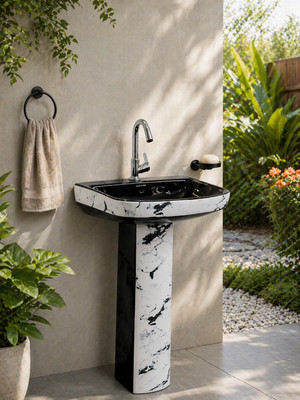 LUXEHOME Elegant Ceramic Standing Wash Basin with Pedestal – Glossy Finish Modern Designer Pedestal Wash Basin Sink for Bathroom Home Decor Stylish Finish Pedestal Basin(White & Black)