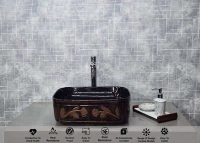 ALPHA Premium Designer Ceramic Wash Basin(Wooden) with Waste Pipe & Coupling set (12X16X5)(Flower Wooden) Table Top Basin(Wooden)