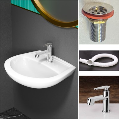 clayplus WallMount WashBasin (14*11 ROUND) With PillarTap SS Coupling Hose Pipe Wall Hung Basin(WHITE)