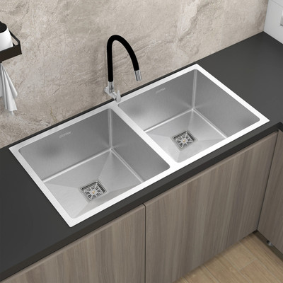 Plantex Stainless Steel Double Bowl Sink/Handmade Kitchen Sink/Kitchen Sink Multi-Functional Drying Rack, Hose Pipe and Square Coupling (37x18x9 Inches) Vessel Sink(Silver-Matt)
