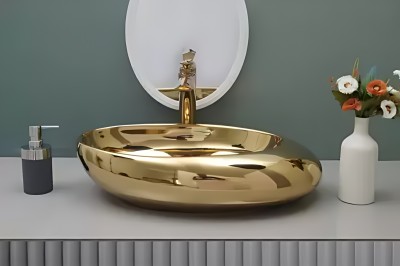 Lofina Ceramic Premium Designer Table Top Counter Top Golden Wash Basin Gold Ceramic Wash Basin 2603 (L58.4xW38xH15.2 cm) Very Stylish Bathroom Golden Ceramic Table Top Basin Table Top Basin(GOLD)