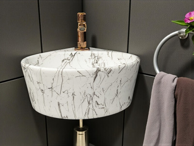 Clayramic Designer Ceramic Washbasin With Waste Coupling & Pipe(M-Round-1006) (14x14x5)(M-Round-1006)) Table Top Basin(White & Grey Marbal Figure)