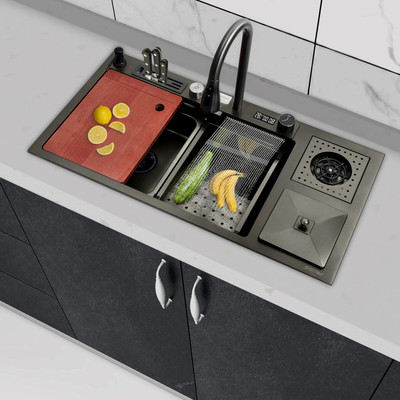 Plantex Handmade kitchen sink with waterfall and pull down double faucet set (36x18x9) Vessel Sink(Nano Black)