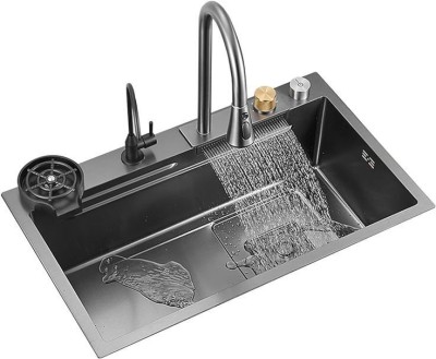 MIGSA Handmade Kitchen Sink With Waterfall Matt Finish Single Sink With Assembly 30X18X19 Inch Single Bowl Matt Finish With Inbuild Pull Down Foucet M102 Vessel Sink(Black)