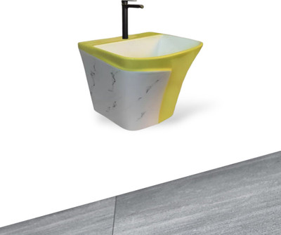 Solano Premium Quality (HB :017 )Designer Ceramic Shining Yellow Semi Pedistal Wash Basin With White Marble Finish Wall Hung Basin(Yellow & White Marble)