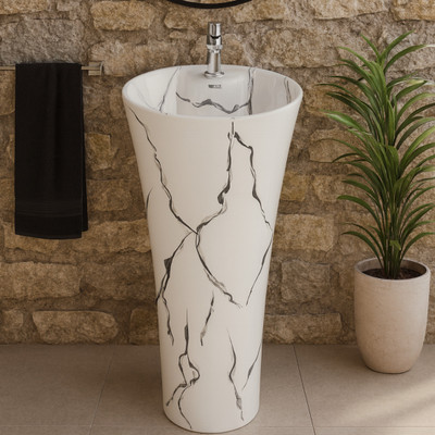 CARA MARK EXCLUSIVE TM SERIES'S PREMIUM PEDESTAL WASH BASIN /Modern Pedestal Wash Basins/One Piece Pedestal/ Pedestal Basin(WHITE COLOR WITH GREY AND BLACK FIGURE GLOSSY FINISH)